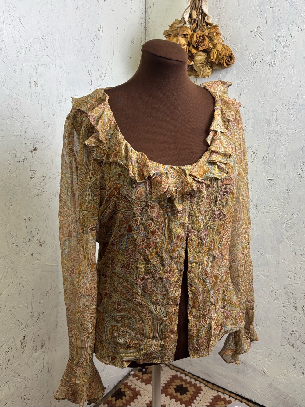 Vintage Ralph Lauren Silk Paisley Ruffle Blouse Brown Size 12